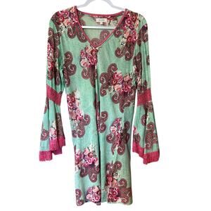 Mini Dress Crochet Fringe Bell Sleeves Green Boho Y2K Pink Paisley SZ LG Velzera